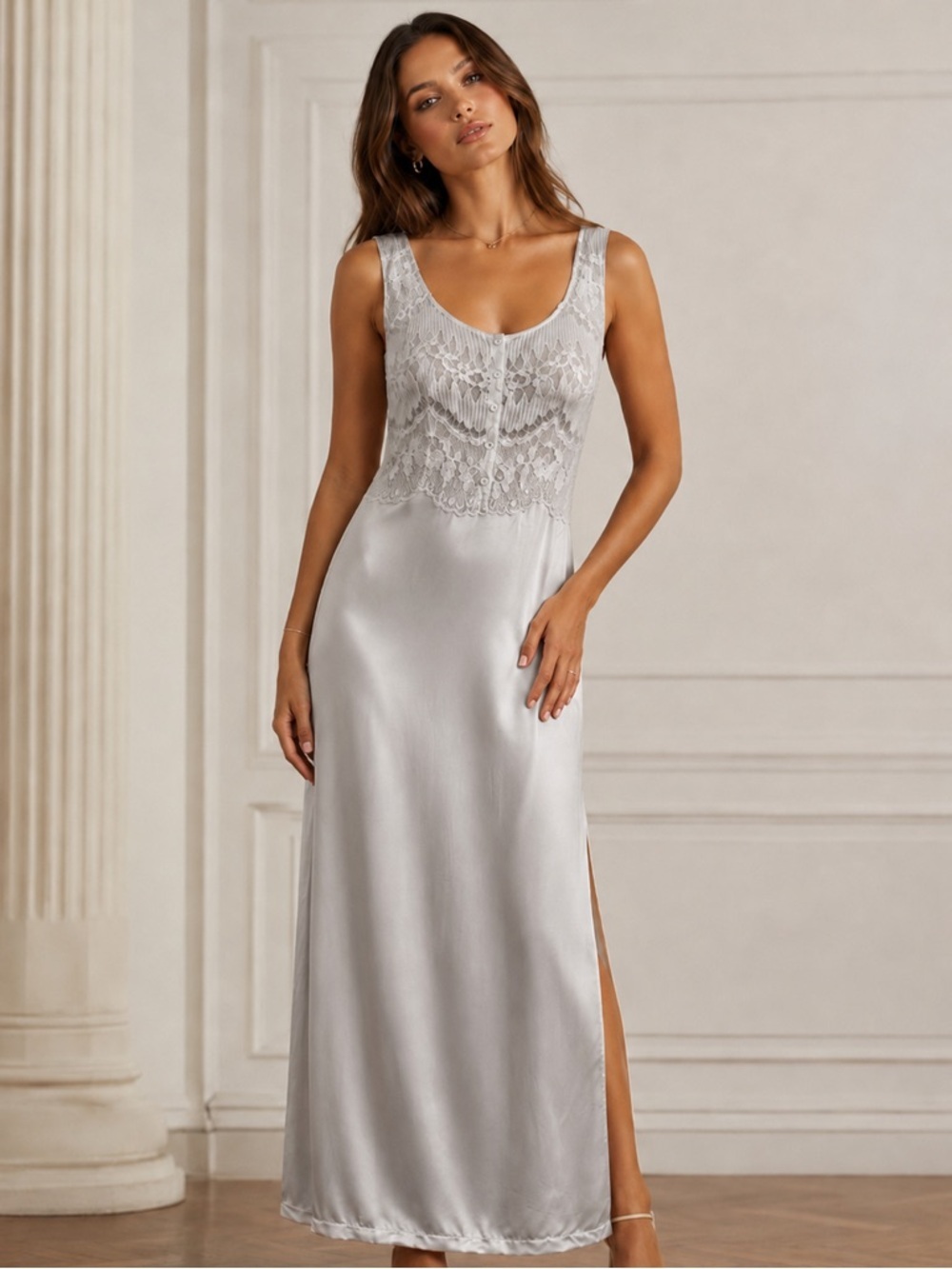 Vintage Y2K La Perla - Silk Lace Trim Maxi Slip Dress - Pearl Gray
